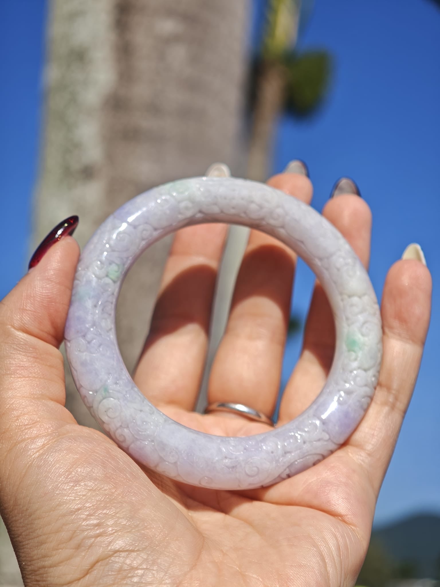 Adamigold | 春彩翡翠手雕手鐲｜Spring-color Jadeite Hand-carved Bangle (58.4MM / 12.7MM, With Certificate)