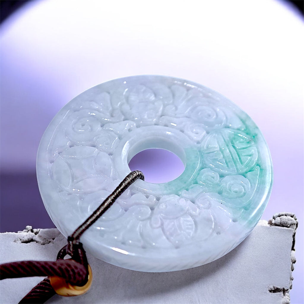 Carved safety buckle necklace | Natural tricolor jadeite (yellow + green + purple)