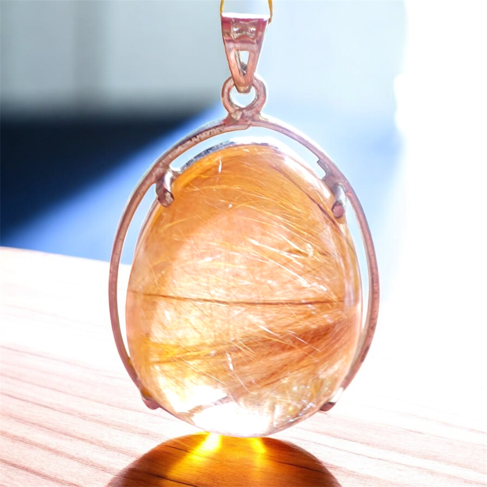 Golden Rutilated Quartz Pendant | Set in S925 Sterling Silver, Luxurious Crystal Jewelry