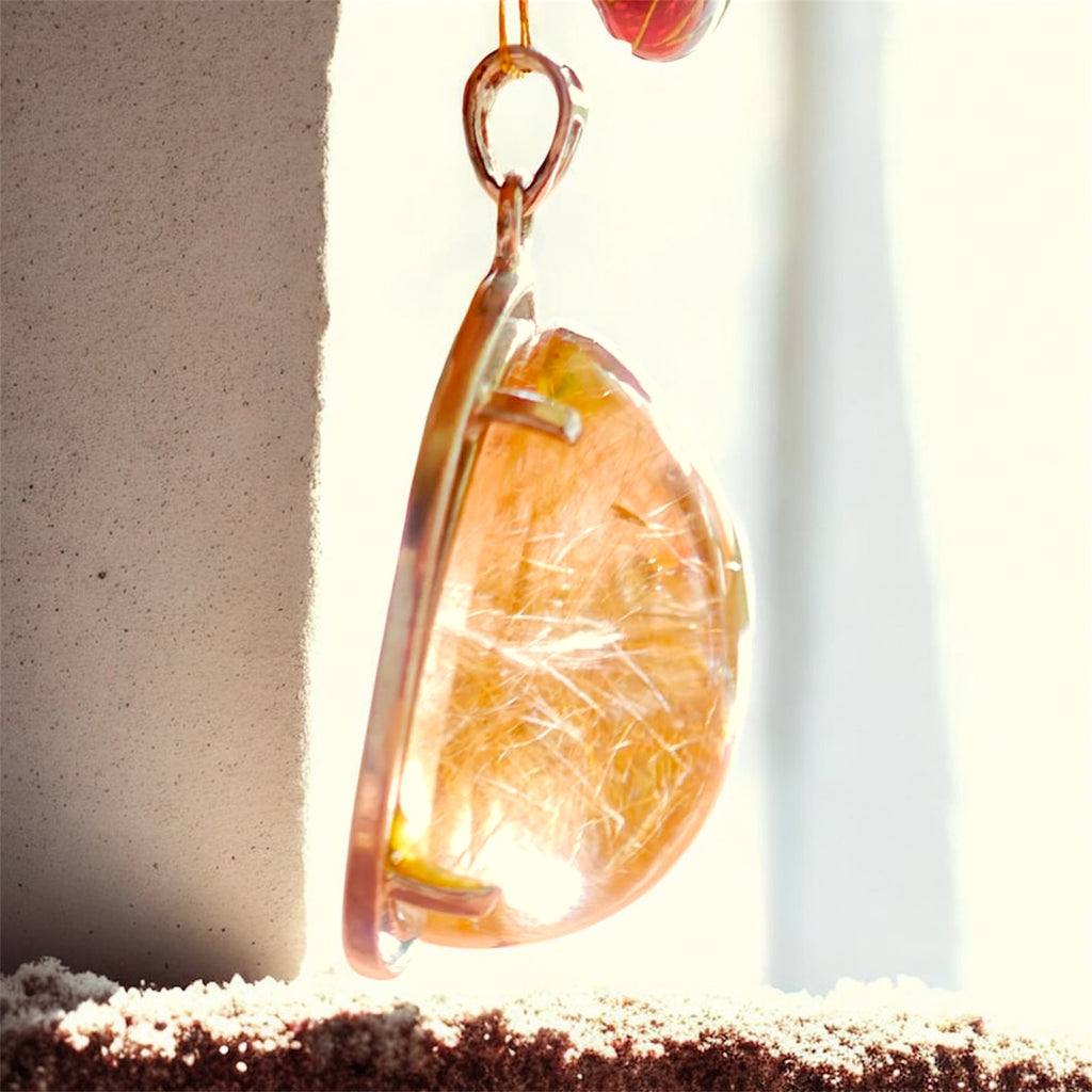 Golden Rutilated Quartz Pendant | Set in S925 Sterling Silver, Luxurious Crystal Jewelry